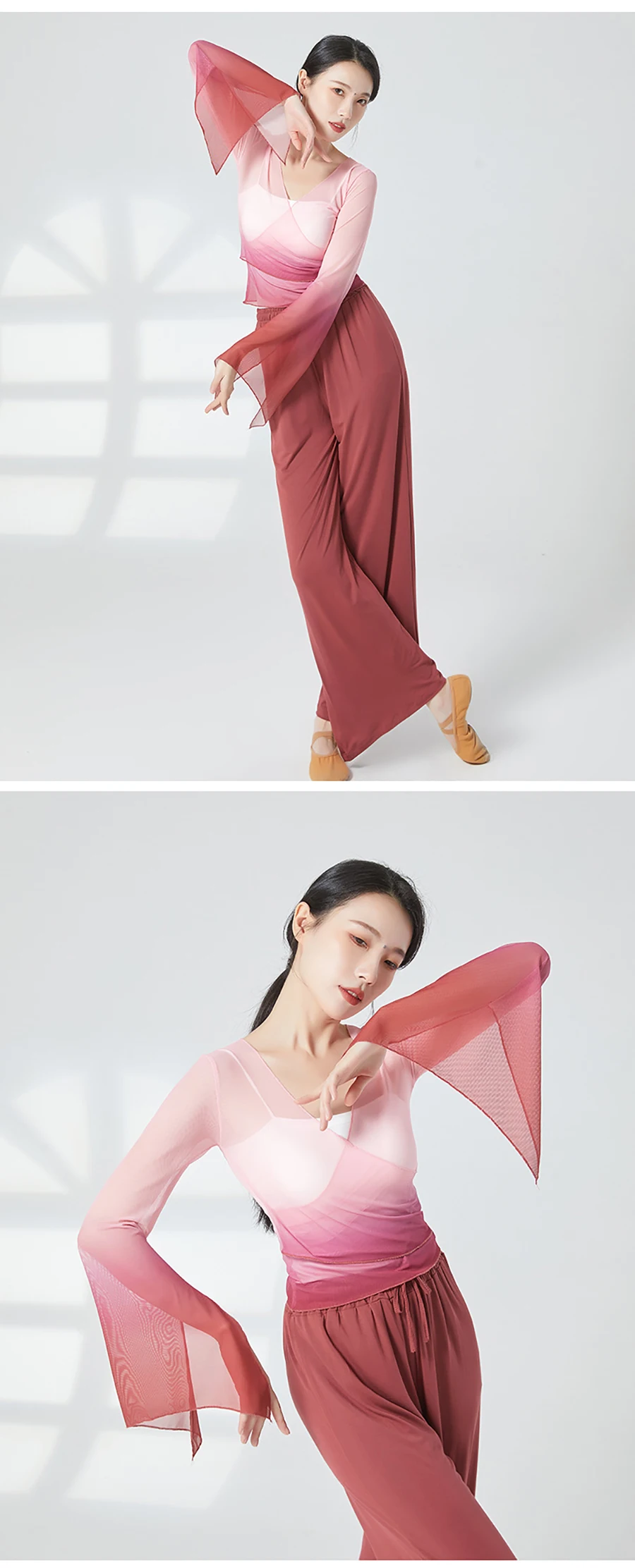 Klassischer Tanz, Mesh-Top, ausgestellte Ärmel, Farbverlaufsrampe, V-Ausschnitt, elegante Damen, moderner Tanz, durchsichtig, Eiskunstlauf-Ballett-Shirts – Detail 8