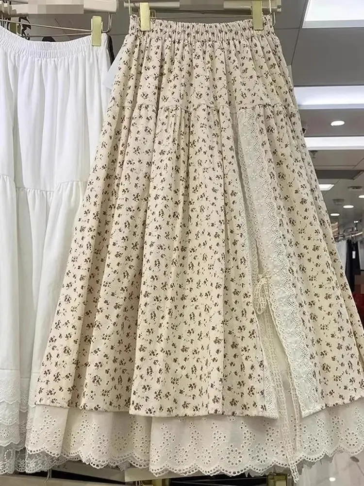 Plus Größe 300-Pou-Blumen-A-Linie-Midirock für Damen, lockeres, schlankmachendes Design, geteilter Sommer-F-Länge-Rock, koreanischer Stil, hoher...