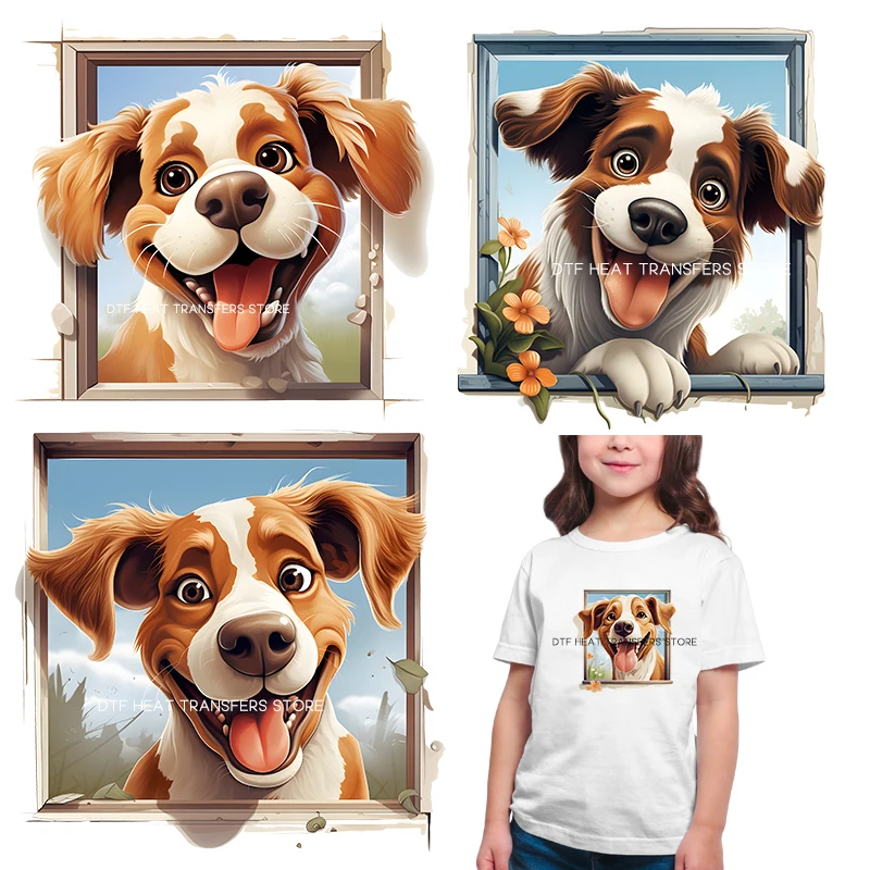 Summer Funny Dog Outside the Window PatternHeat-sensitive Patches Application Stripes on Kids Clothes ironing Printing