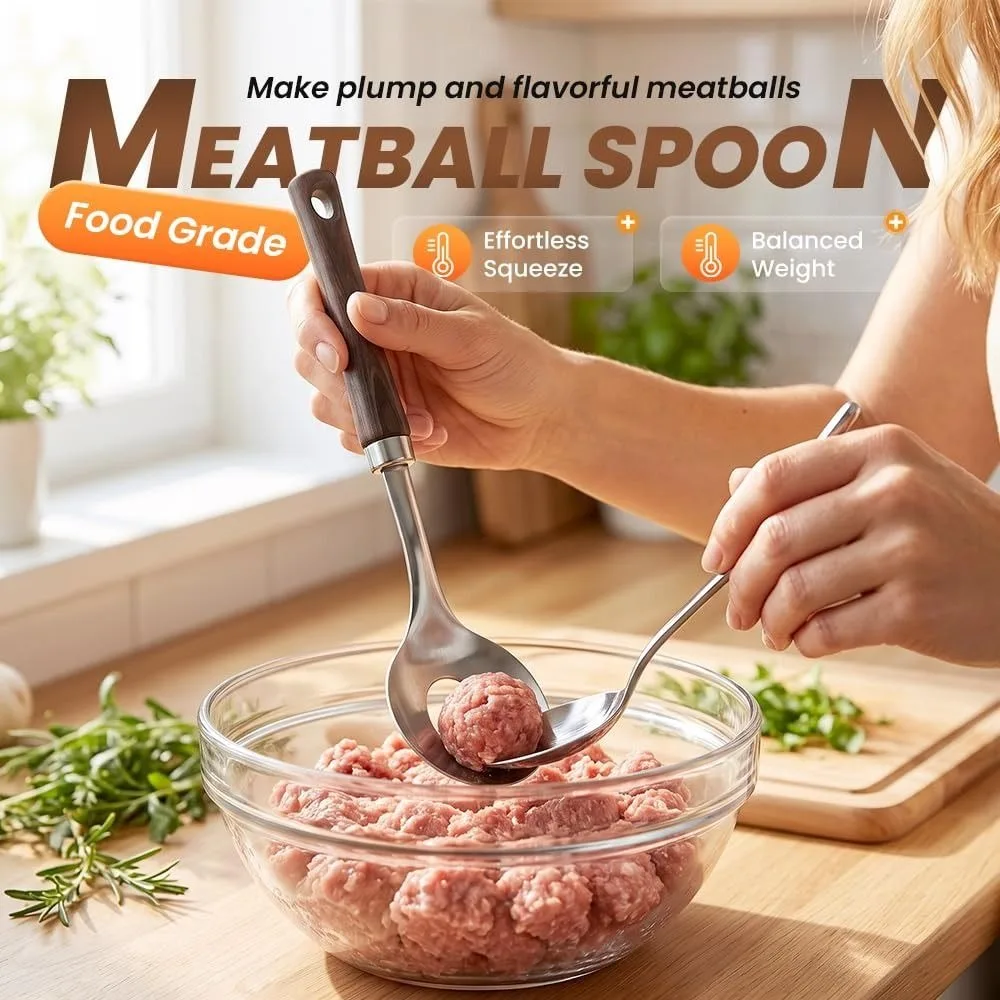 Stainless Steel Meatball Maker Spoon Round Spoon Head Hanging Hole Kitchen Meatball Tool Wood Grain Handle