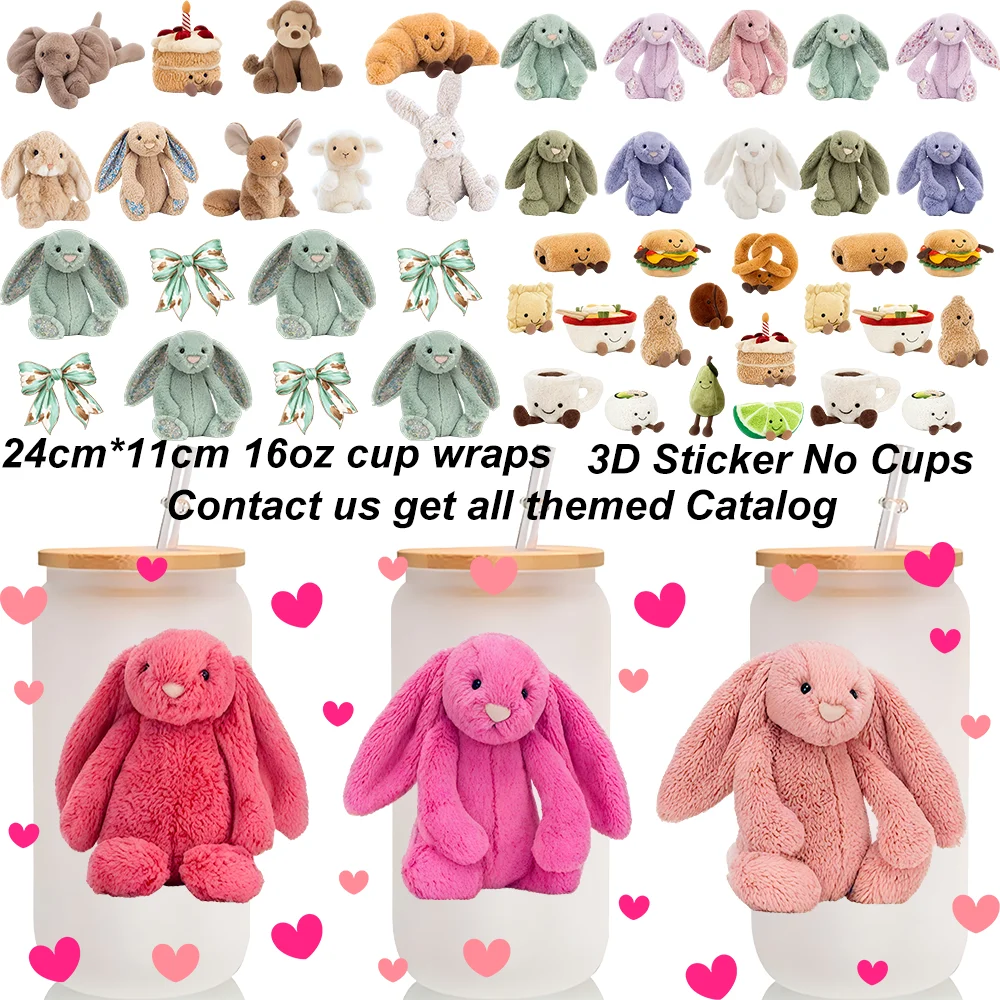 30Styles Design Durable Plush Bunny UV DTF Wraps 3D Stickers for 16oz Glass Cans Waterproof Plushie Themed DIY Transfer Decals