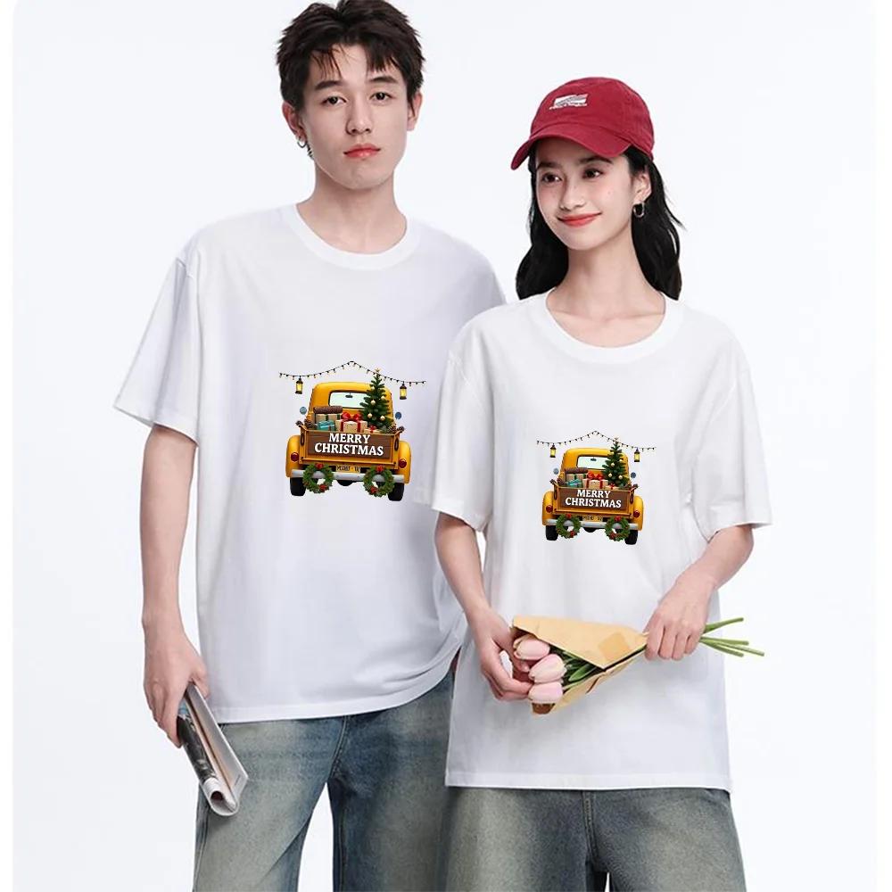 Vintage Yellow Truck Christmas Tree Gift Printed T Shirt Breathable Fabric S-XXL Personalized Custom Casual Short Sleeve Tee Aes