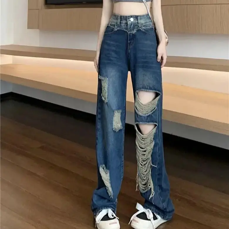 Jeans High-Quality With Irregular Hole Design High-Waisted Retro High-Street Hottie Women'S Loose Slimming Floor-Length Pants