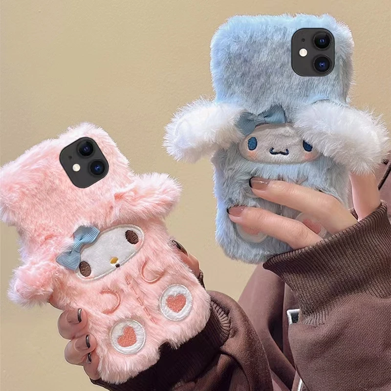 Kawaii Mobile Phone Case Sanrio Cinnamoroll Cute Anime Soft Plush Iphone12 13 14Promax Case Anti Fall Girls Gift