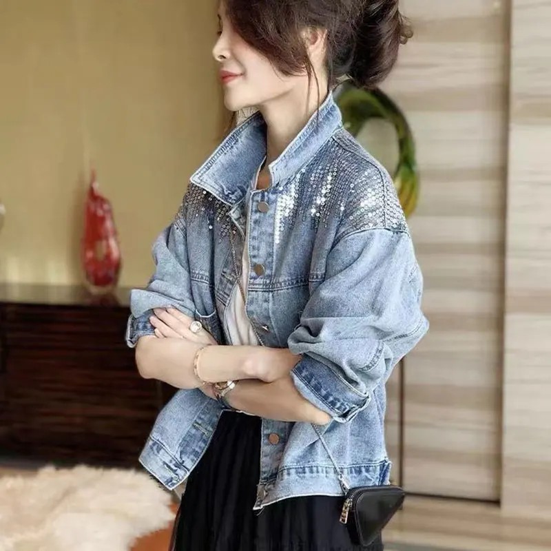 2024 Autumn Hole Jean Jacket Women Spring Short Sequin Denim Jacket Splice Female Jacket Autumn Bomber Jackets For Women Navel