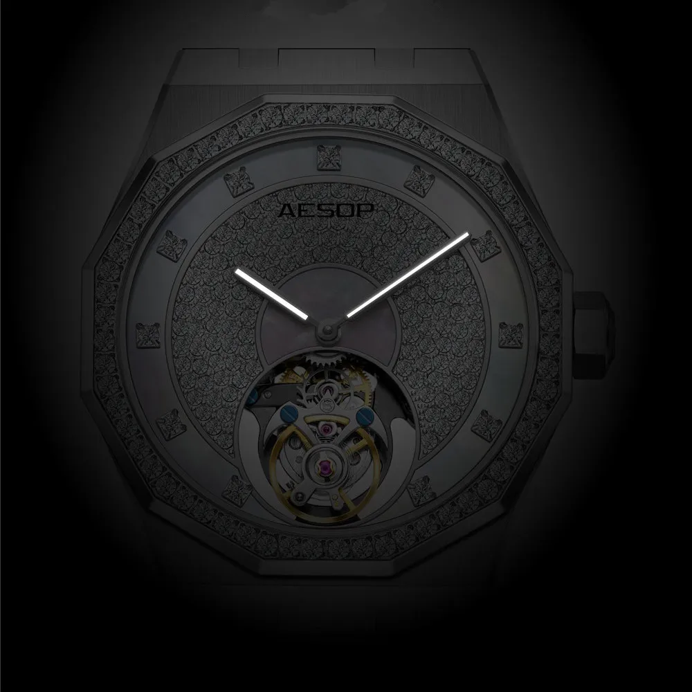 AESOP Flying Tourbillon Mechanical Hand Wind Skeleton Men's Watch Waterproof Wristwatch with Sapphire Mirror Octagonal Design