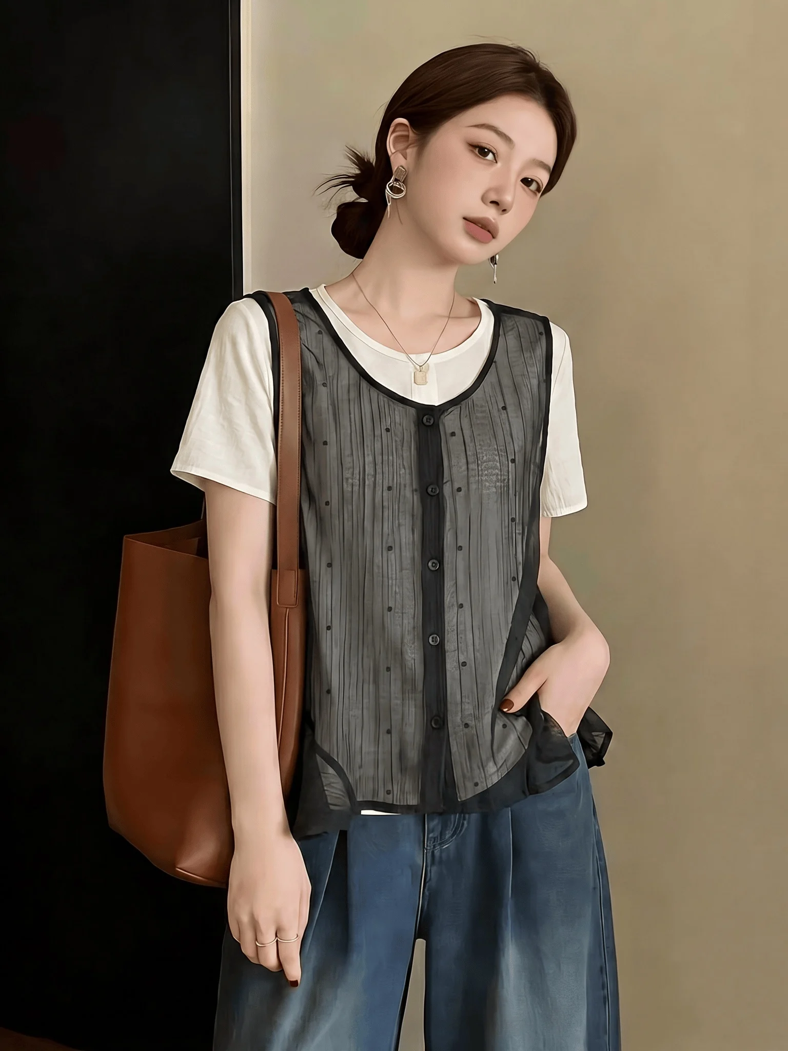 Summer New Polka Dot Mesh Tank Top Short Sleeve Women's Shirt Thin Size Large MM Upper Body Two-Piece Set Commute Style