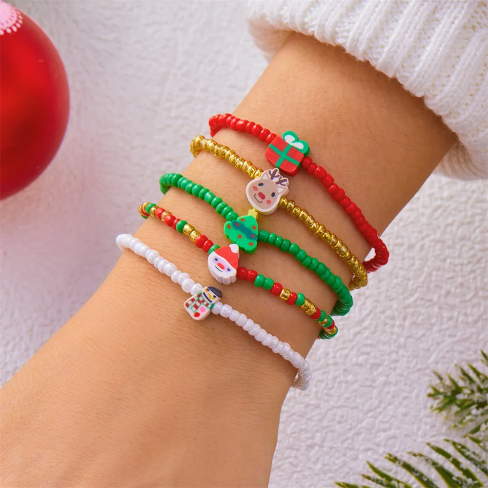 Christmas Beaded Bracelets Set for Women Santa Claus Snowman Christmas Tree Elk Pendant Bangle Party Handmade Jewelry