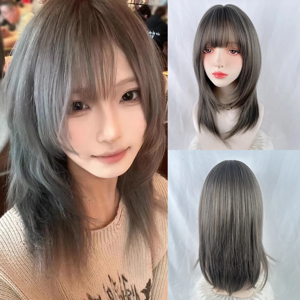 

Grey Short Straight Synthetic Wigs with Bangs Fluffy Lolita Cosplay Women Wig Heat Resistant for Daily Party