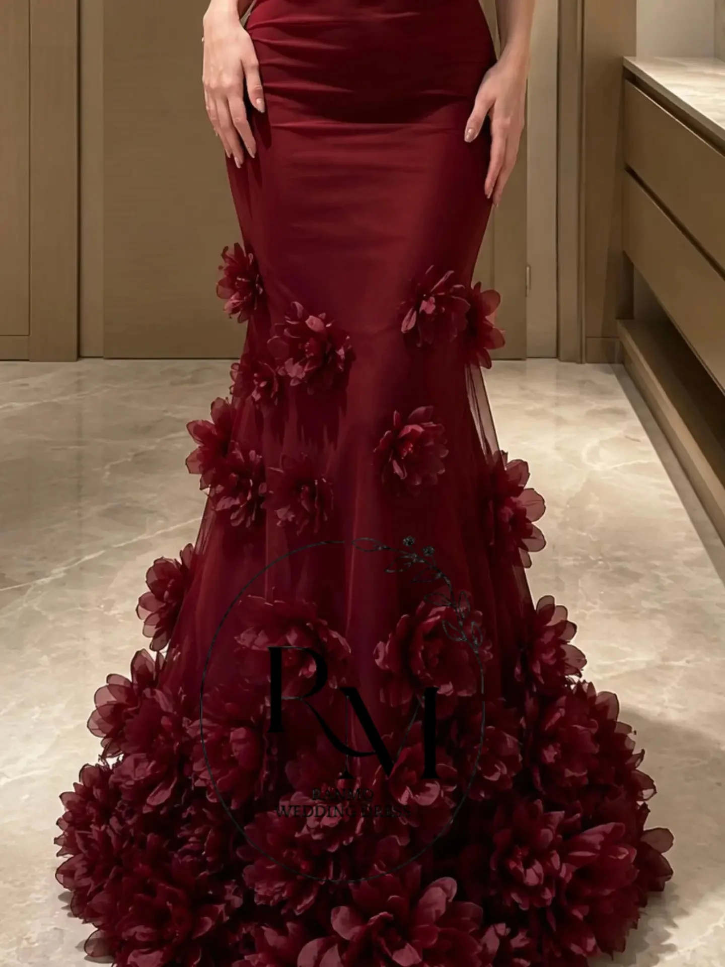 Ranmo Modern Saudi Arabia Evening Dress Burgundy Mermaid Prom Dress Custom Made Off the Shoulder Sweep train Handmade Flowers