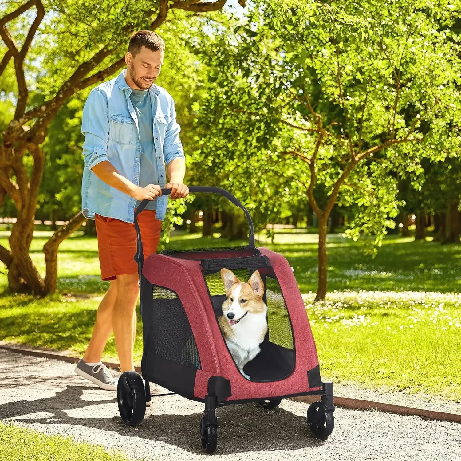 Dog Stroller for Medium and Large Dogs, 4 Wheels Folding Pet Cat Stroller with Universal Wheels, Storage Basket, Safety Leash