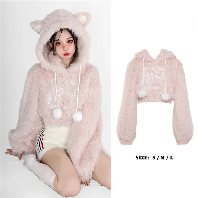 New Pink Lolita Kawaii Sweater Women Loose Japanese Sweet Fairy Hooded Tops Female Long Sleeve Korean Pullovers Winter