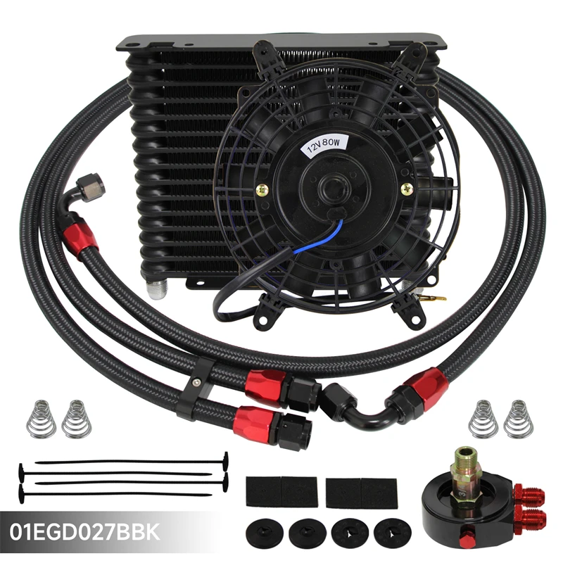 

Uinversal 32mm 15 Row AN8 3/4"-16 UNF Aluminum Engine 226MM Oil Cooler Kit + Oil Filter Adapter + 7" Electric Fan For Audi A4