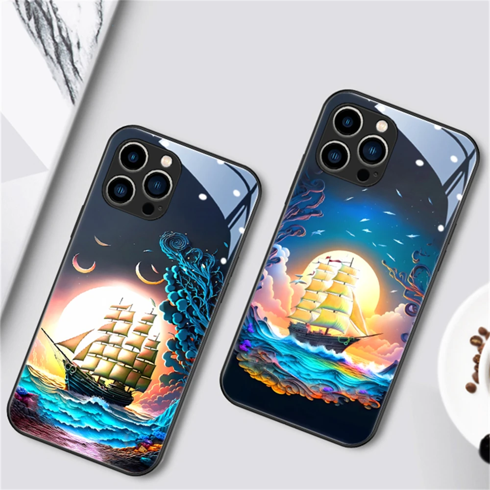 Sailboat Colorful LED Light Glow Luminous Tempered Glass Phone Case For iPhone 15 14 13 12 11 Pro Max X XR XS 6 7 8 Plus SE2020 image 6