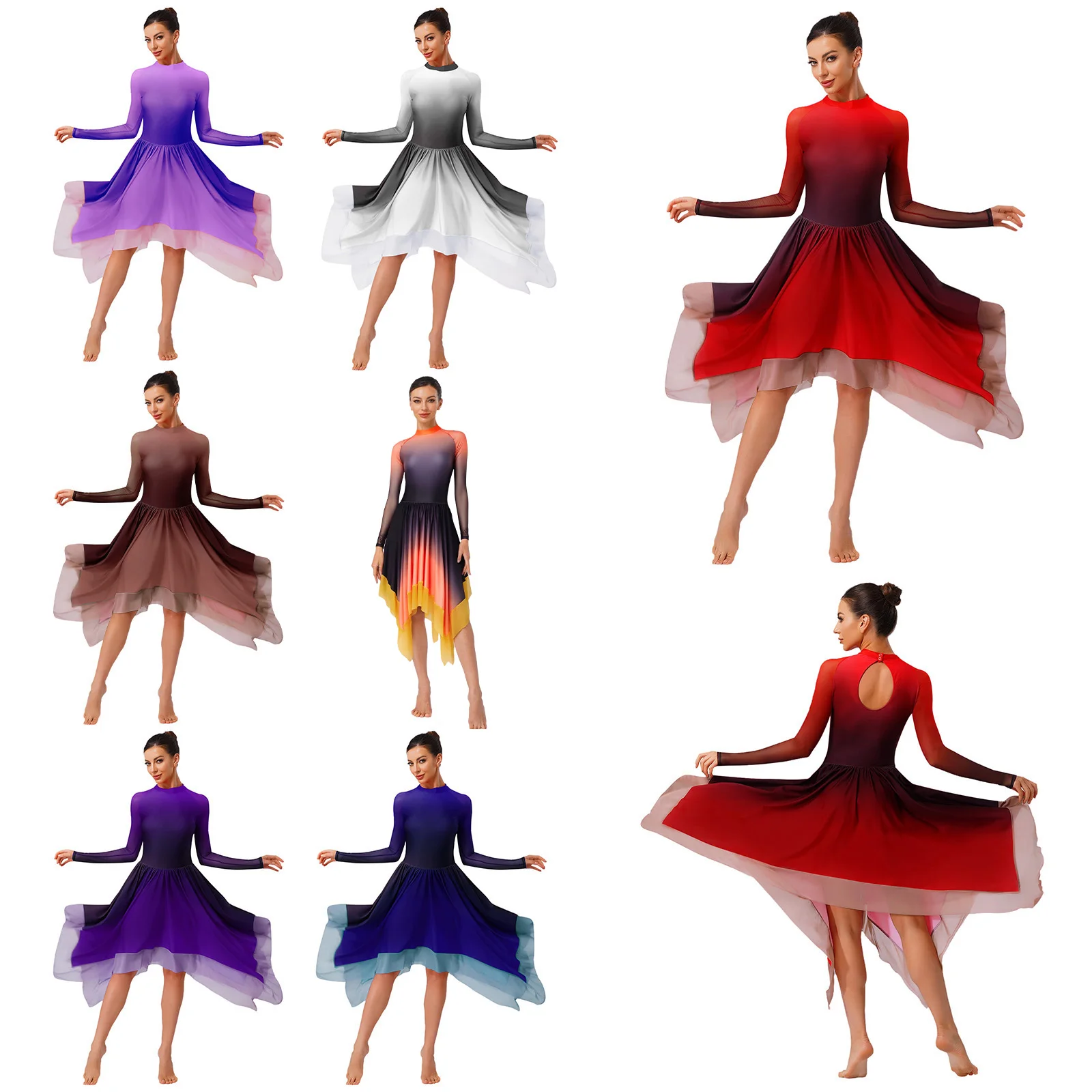 

Женское градиентное платье для лирического танца, фигурного катания, гимнастики, бальных танцев, современной танцевальной одежды, сетчатое, с длинными рукавами, асимметричным подолом, купальник-леотард