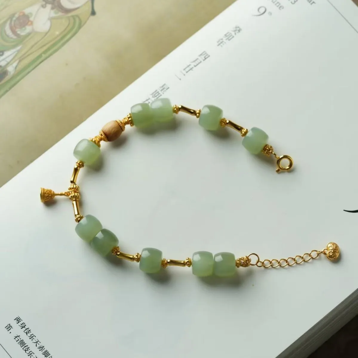 2026 Chinese Style Natural Hetian Jade Barrel Bead Bracelet Vintage Light Luxury Unique Bracelet Gifts