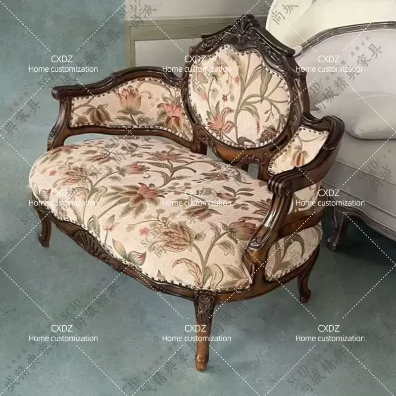 Retro Solid Wood Carved Fabric Sofa Medieval Style Princess Chair High End Customizable Couch for Small Apartment Villa