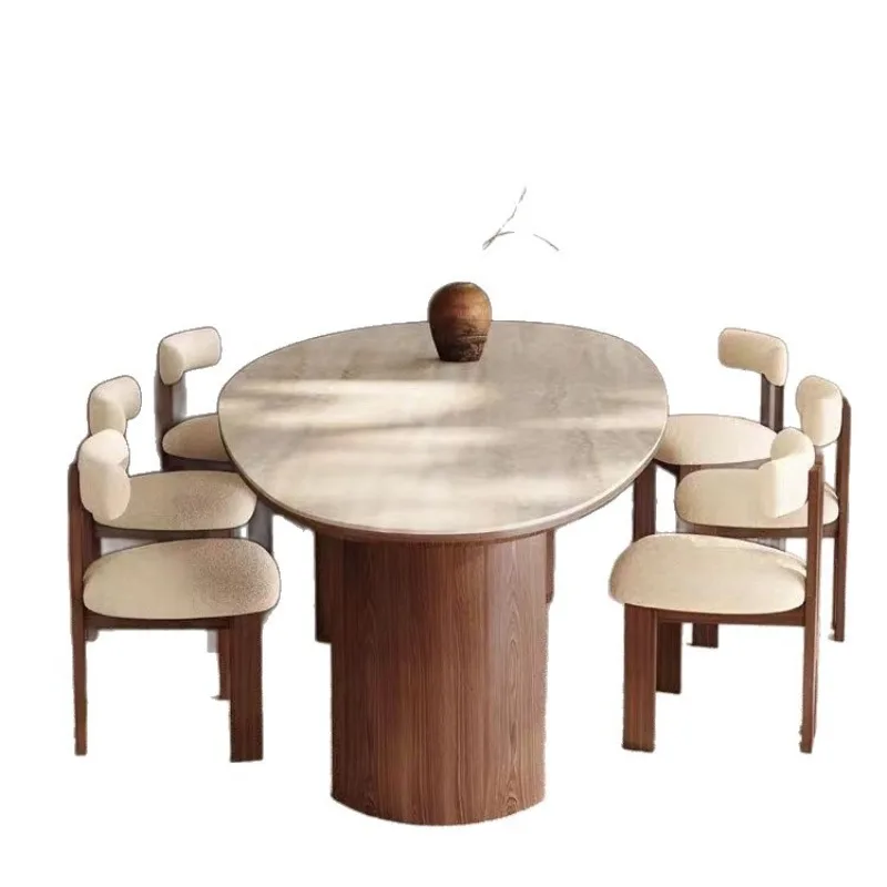 French medieval style water drop-shaped travertine rock slab dining table walnut solid wood