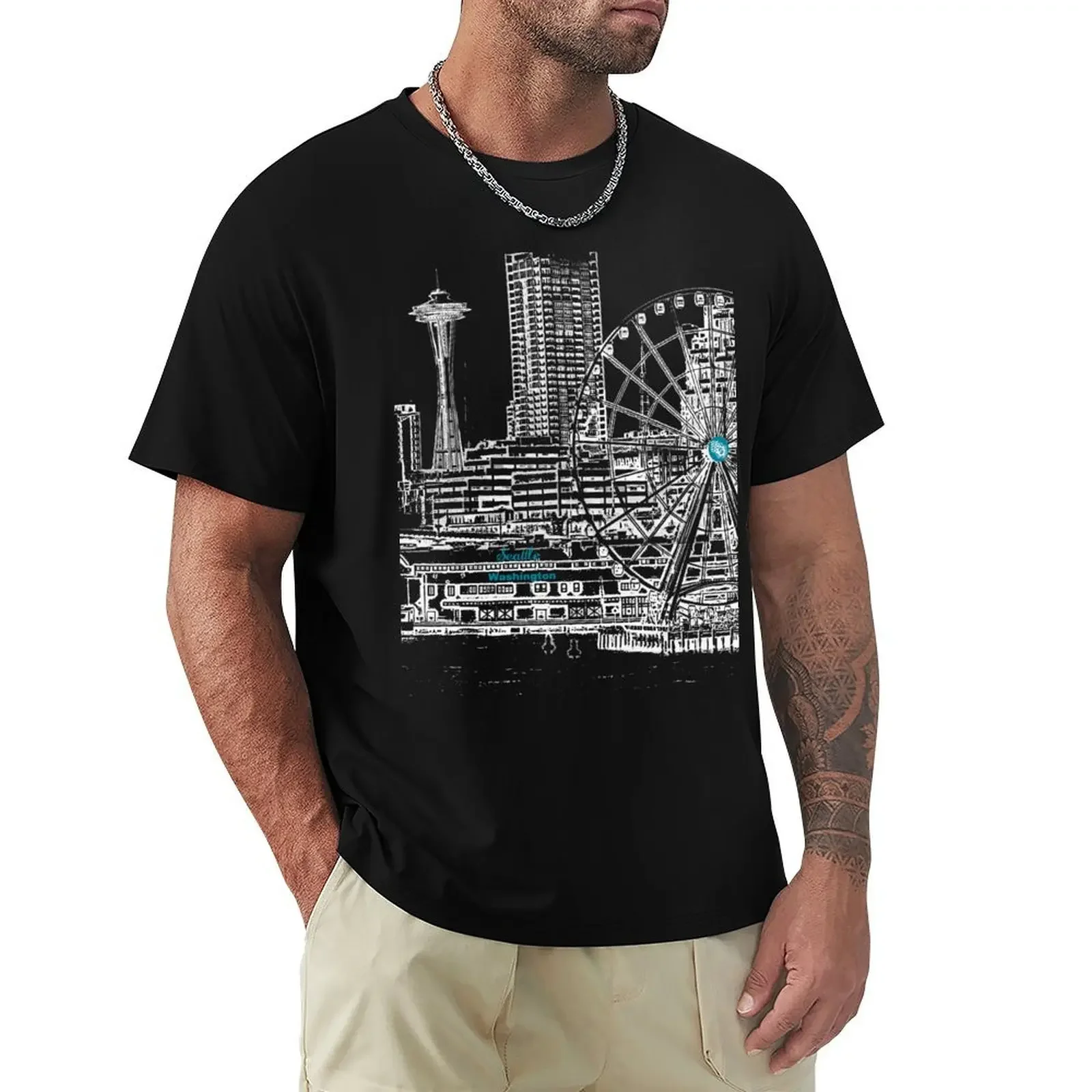 

Seattle, Washington, US - Downtown Seattle waterfront - Seattle Landmarks T-Shirt vintage clothes mens designer t shirt