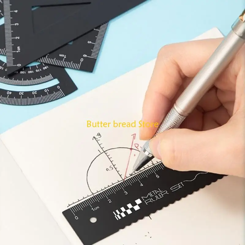 W89C Metal Drafting Ruler Geometry Tool Set with Straight Ruler Set Square Protractor