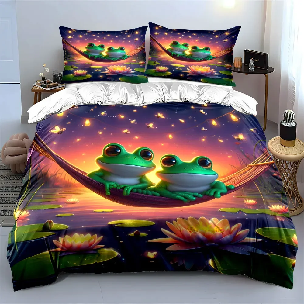 Frog Hammock Sunset Decor Soft Comfortable Duvet Cover Bedding Set Included 1*Duvet Cover & 2*Pillowcases, gift