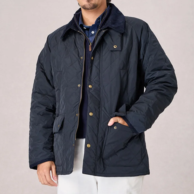 Men's Autumn Winter Vintage Quilted Jacket - Cotton, Multi-Pocket,Lightweight Waterproof,Slim Fit,Plaid Lined,Turn-Down Collar