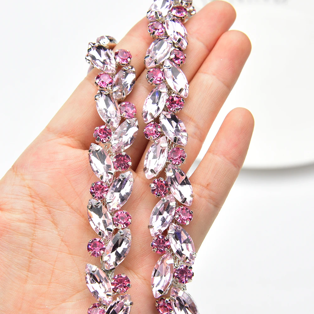 Different Color Glass Crystal Flower Chain Bridal Sewing Rhinestone Trimming Applique for Belt Dress Shoes Clothing Decoration