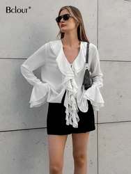 Bclout Fashion V-Neck White Shirts Blouses Women Autumn Ruffled Flare Sleeve Solid Shirts Elegant Office Lady Loose Blouses 2024