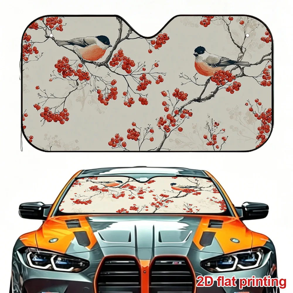 Bird Branch Red Berry Art Pattern Car Sunshade Roller Shutter Closure Design Sunshade Strap Suitable for Front Windshield