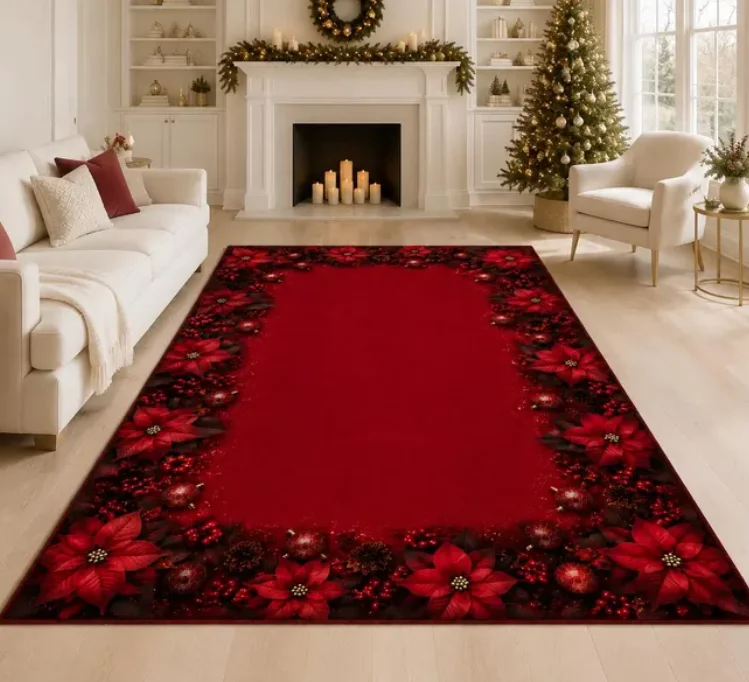 Red Gold Christmas Chenille Rug Festive Holiday Area Carpet Holiday Railway Rug Christmas Rug Vintage Steam Train Decor Area Rug