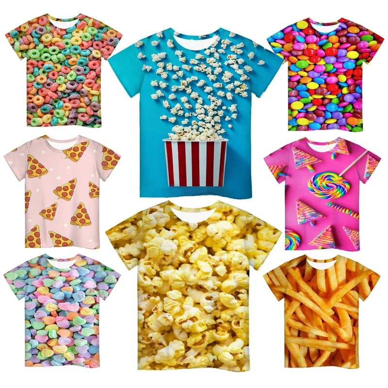 Camiseta de manga corta para niños, ropa con estampado 3D de palomitas de maíz y Pizza, con cuello redondo, a la moda