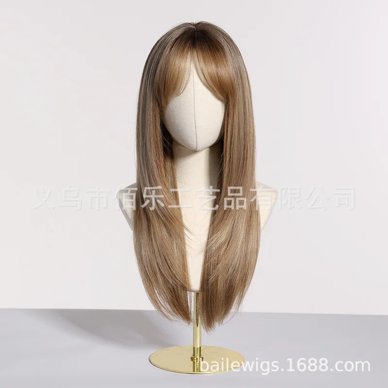 Wig with bangs, brown highlights, long straight hair, European and American layered style, full head cover