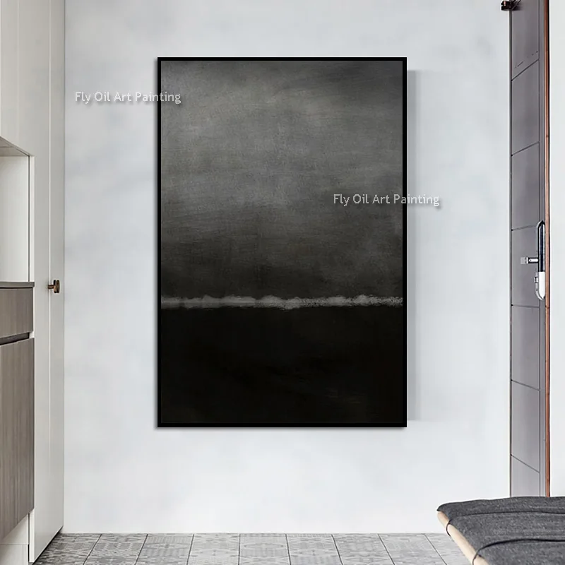 Original Hand‑Painted Mark Rothko Style Black Grey Horizon Canvas Oil Painting, Wabi‑Sabi Heavy Textured Large Vertical Wall Art