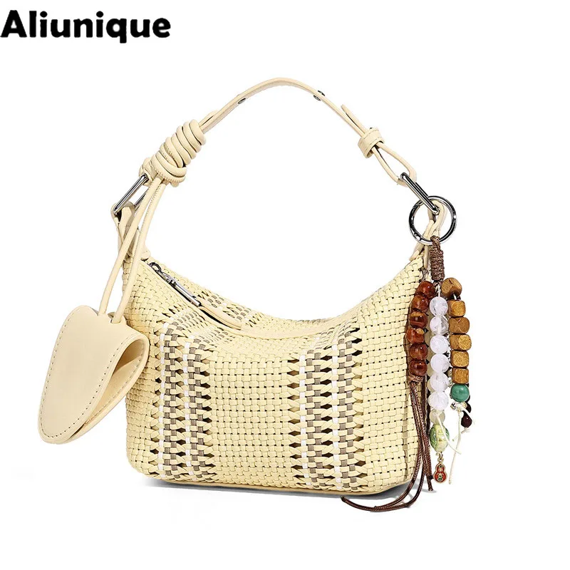 Aliunique Fashion Hot Selling New  PU Contrast Color Woven Handbag Casual Style Women Underarm Bags With Glasses Clip Handle Bag