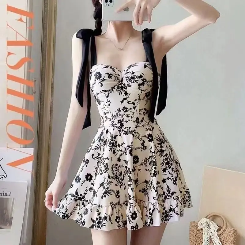 Women's Summer Korean Floral Print One Piece Swimsuit Sexy Lace-up Bow Swimwear Sweet Slim Beach Dress Conservative Bathing Suit