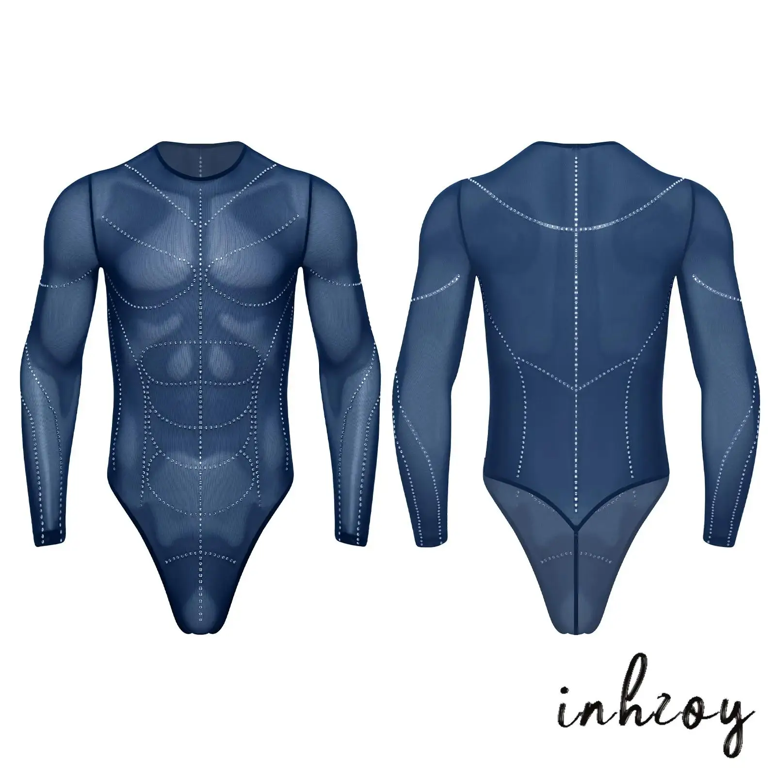 Mens Sexy Ultra-thin Slim Fit Sheer Mesh Bodysuit Long Sleeve Rhinestone Shaping Muscle Lines Leotard Jumpsuit for Body Showing