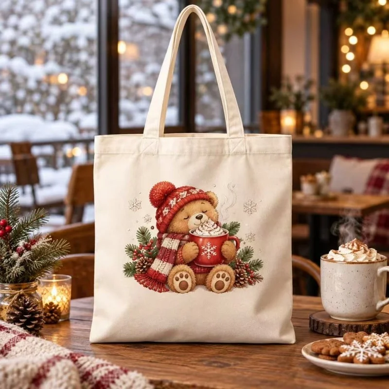 Winter Breakfast Coffee Canvas Tote Bag Retro Letter Maple Snowflake Print Casual Reusable Women Shoulder Shopping Bag