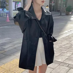 女性用ブラックレザージャケット,長袖,折り返し襟,カジュアルウェア,原宿パンクコート,韓国のストリートウェア,ニューコレクション2022