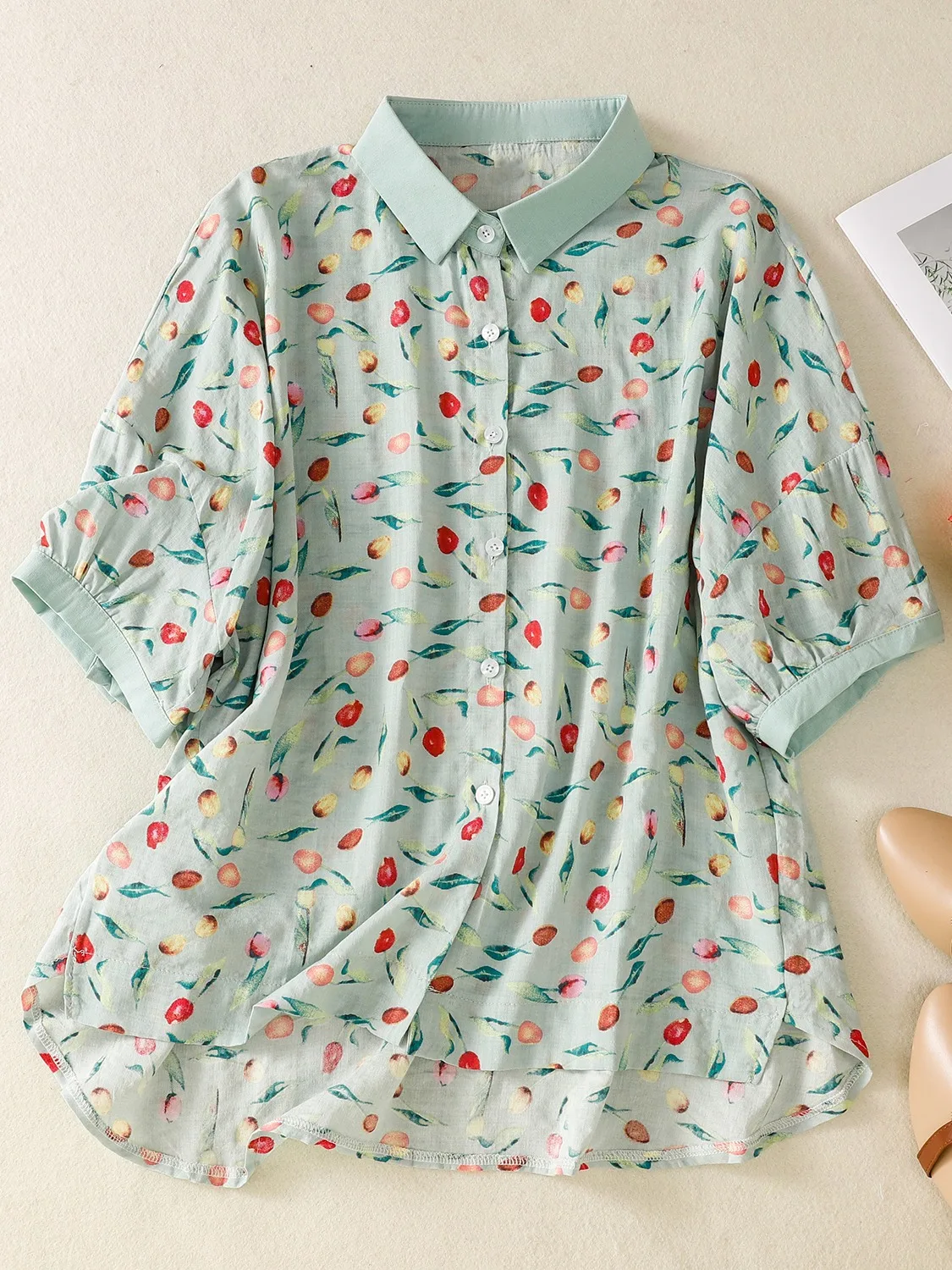 

Lightweight Cotton Linen ort Sve Floral Print Ne irt Women Summer Casual Slimming Mom irt Thin Younging Effect