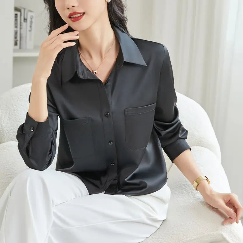 Women High Quality Satin Elegant Fashion Button Shirts Autumn Office Lady Business Casual Blouses Solid Long Sleeve Loose Tops