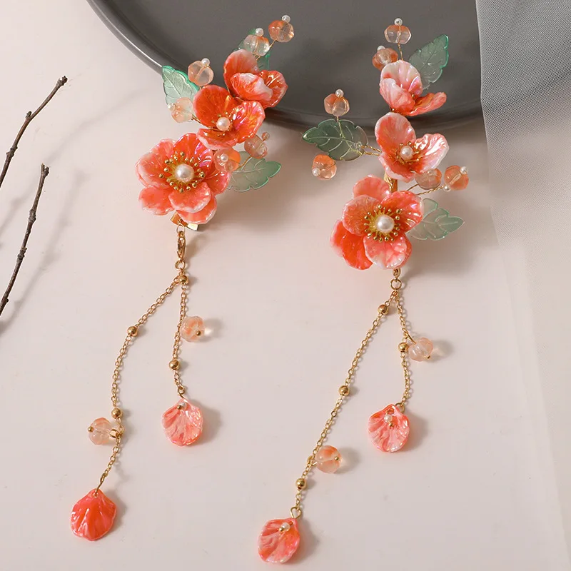 Jepit Rambut Rumbai Segar Antik Baru Aksesori Rambut Wanita Setelan Han Kuno Klip Tepi Kaca Bunga