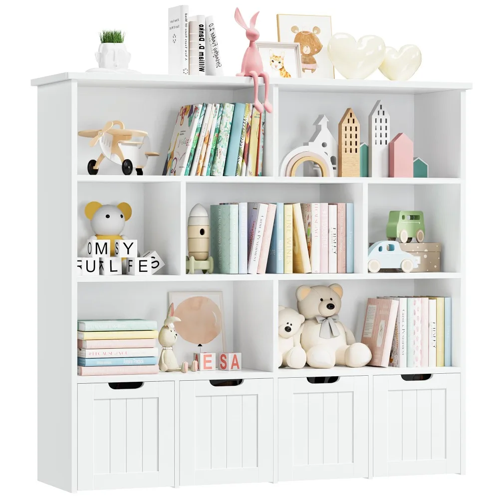 Bibliothèque de rangement pour enfants, bibliothèque pour enfants, étagère pour chambre d'enfant, valeur de stockage de jouets, 4 égouts à proximité mobile et 7 cubes de rangement