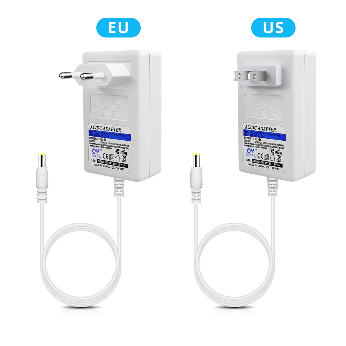 Uniwersalna ładowarka sieciowa, AC 110 V, 220 V do DC12 V, 2 A, 3 A, zasilacz, wtyczka EU, US, 12 V, 5,5 x 2,1 mm, biała obudowa