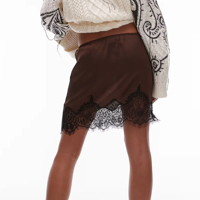 Y2k منخفضة الارتفاع ألف خط نصف زلات التنانير شيك المرأة الساتان زلة تنورة صغيرة الدانتيل تقليم المرقعة حريري تنورة خمر الشارع الشهير #2