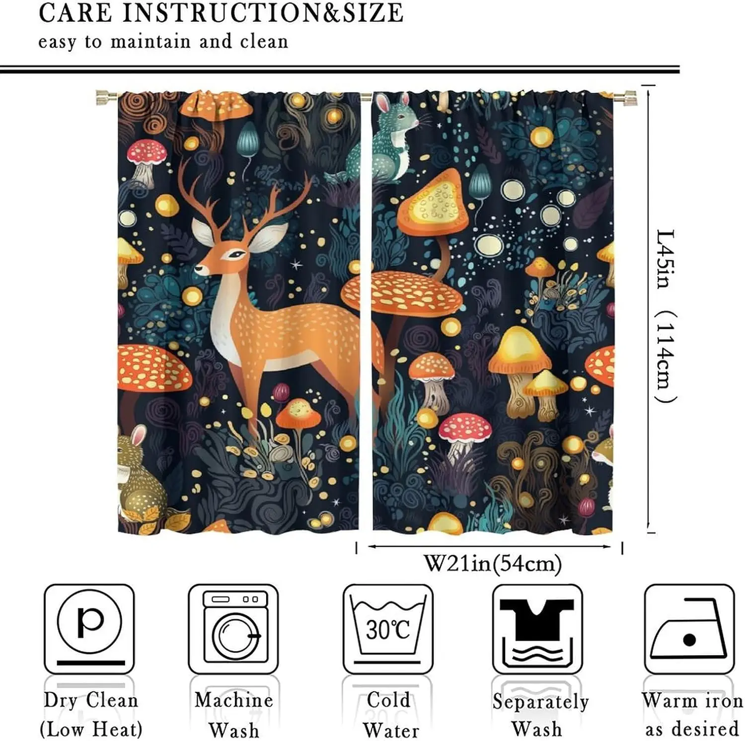 Mystic Forest Curtain Sika Deer Rabbit Spotted Mushroom Plant Cartoon Print Country Light Blocking Drape For Villa Dorm Resort