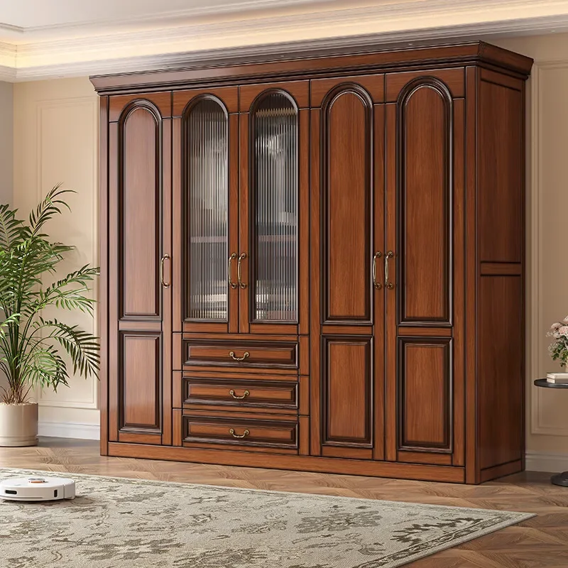 Solid wood wardrobe bedroom home wardrobe with top cabinet