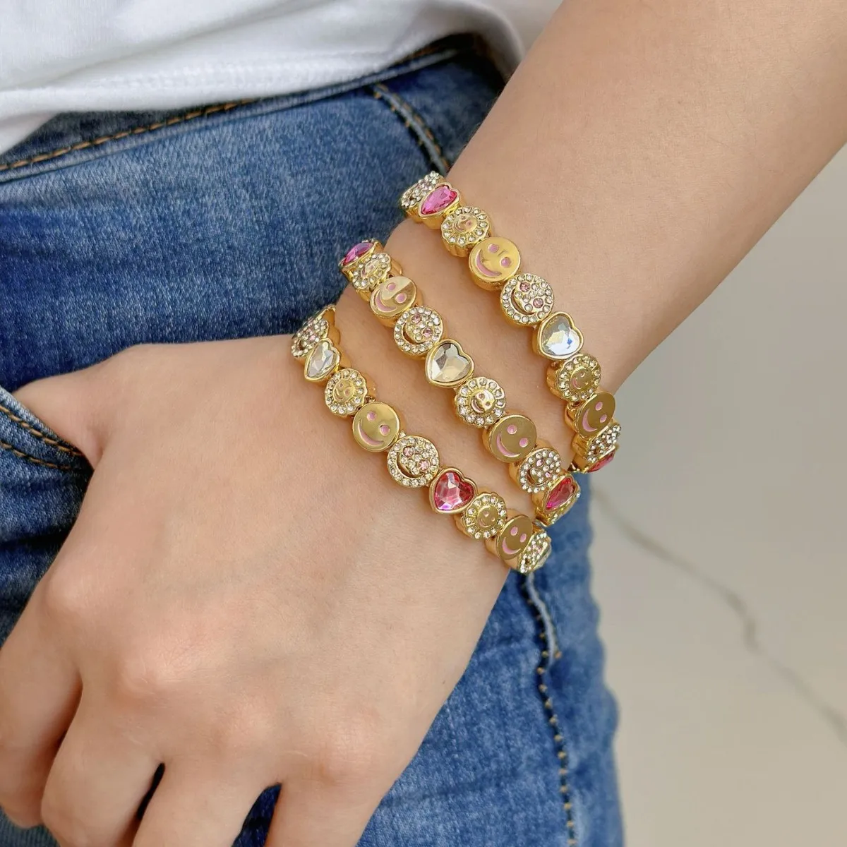 2024 New Copper Pink Love Shaped Bracelets Zircon White Heart Crystal Sunflower Retro Bracelet Party Gift Jewelry Accessories