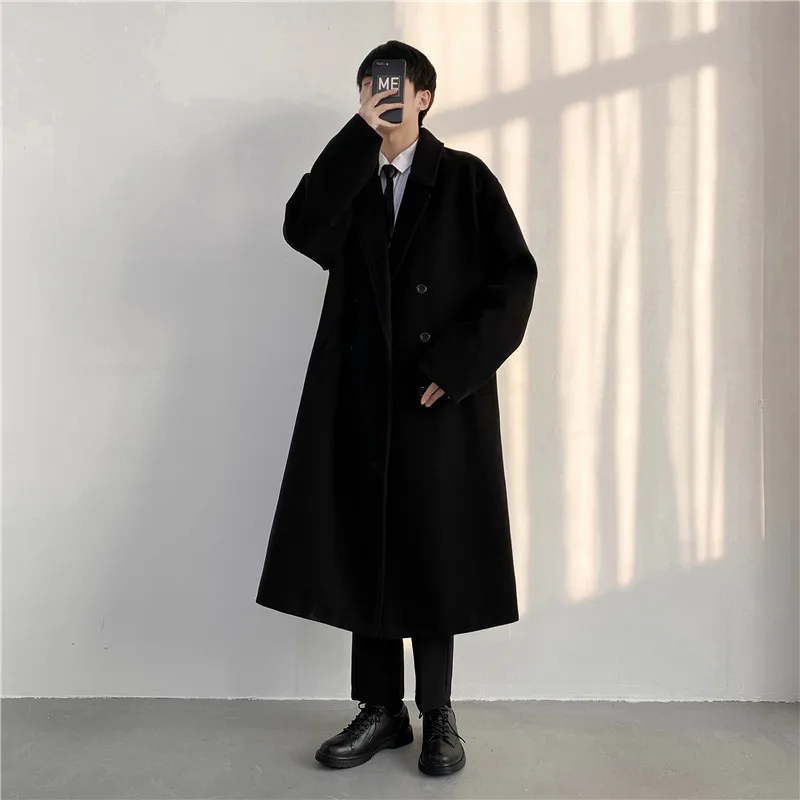 Prowow Autumn winter Korean version thick woolen coat for men mid to long length jacket over the knee solid color cotton jacket