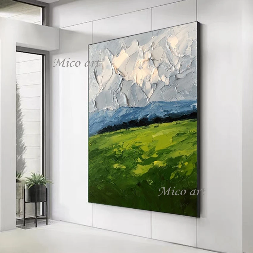 Abstract Artwork Canvas Wall Decor, Thick Knife Picture Art, Unframed Distant Mountains and Meadows Scenery Oil Painting, Modern