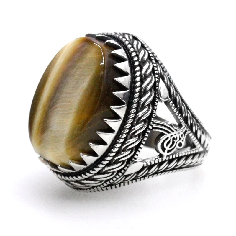 خاتم فضة 925 أصلي من الذهب الطبيعي على شكل عين النمر هدية كلاسيكية للرجال تصميم تركي أنيق ذو طبقات مجوفة